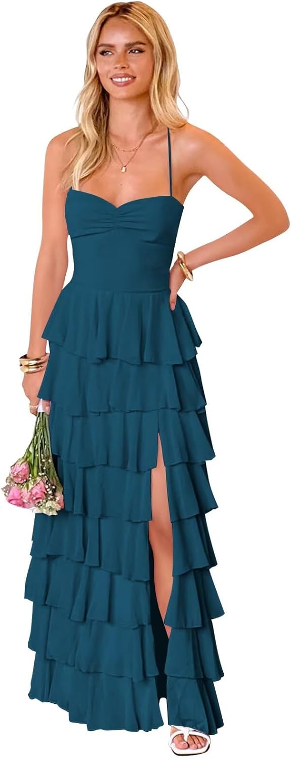 Tiered Ruffle Bridesmaid Dresses for Women Chiffon Spaghetti Straps Prom Formal Evening Dress with Slit