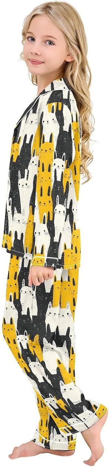 senya Colorful Cute Cat 3 Satin Pajama Sets Long Sleeves Nightwear Button Down Sleepwear