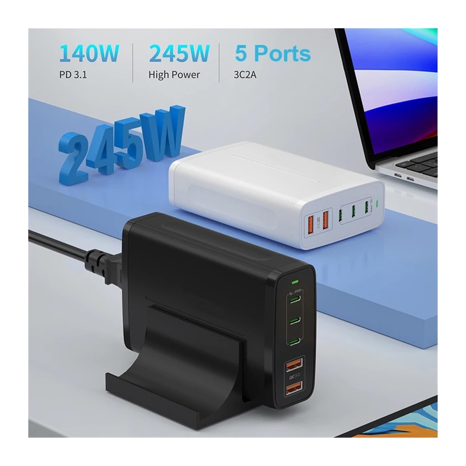 Ładowarka USB C 245 W 5 portów Stacja szybkiego ładowania GaN PD Zasilacz 140 W PD3.1/PPS/QC4+/QC3.0,Bezpieczny i Wydajny(3pin and Cable)