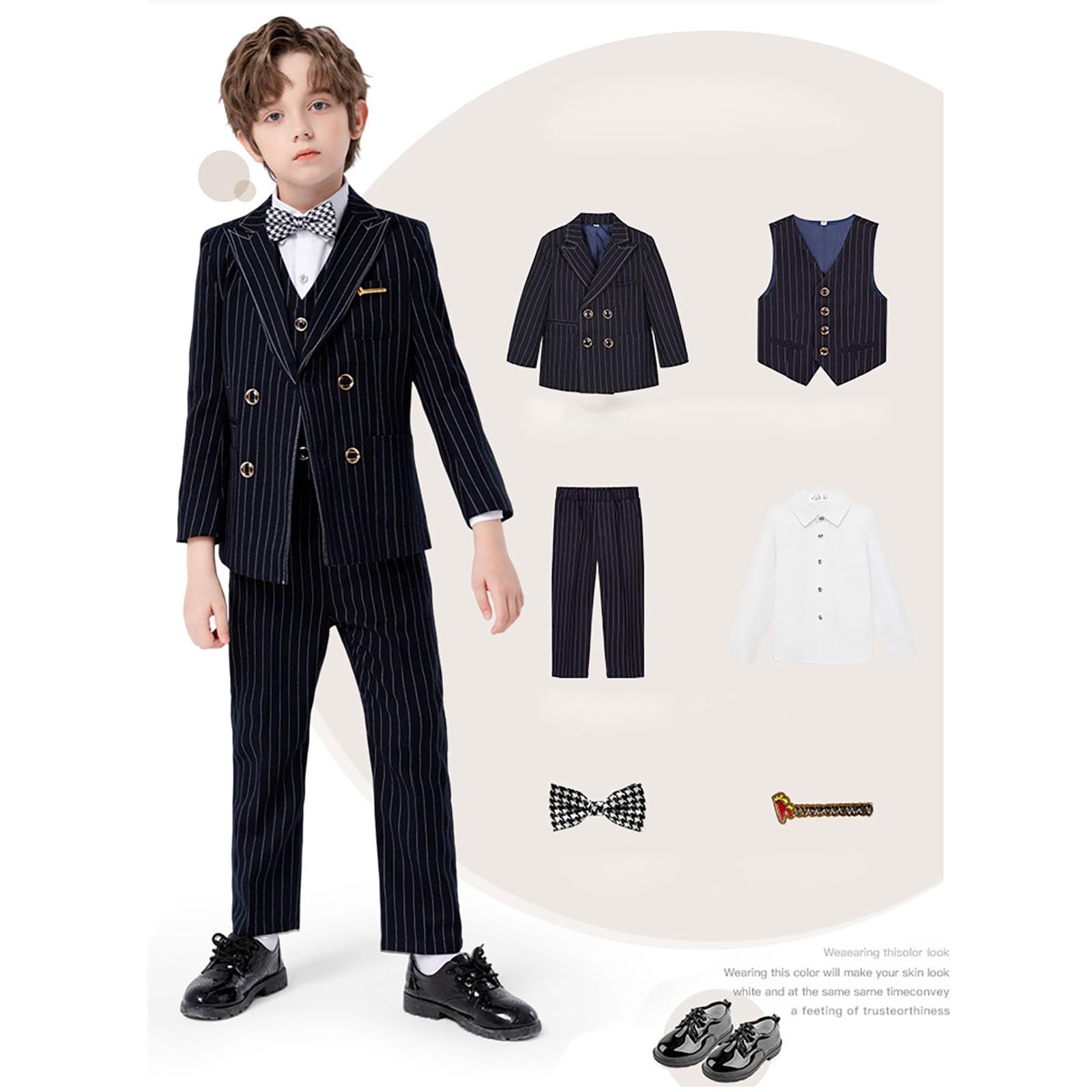 Kinder Anzug Set Junge Anzug Kinder Jungen Festliches Outfit Gestreiftes Langarm Hemd Weste mit Fliege und Lange Hose Sommer Bekleidungssets für Hochzeit Feier Geburtstag