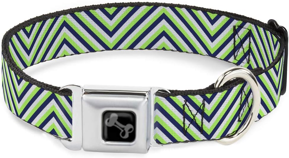 Dog Collar Seatbelt Buckle Chevron Stripe White Neon Green Navy 9 to 15 Inches 1.0 Inch Wide