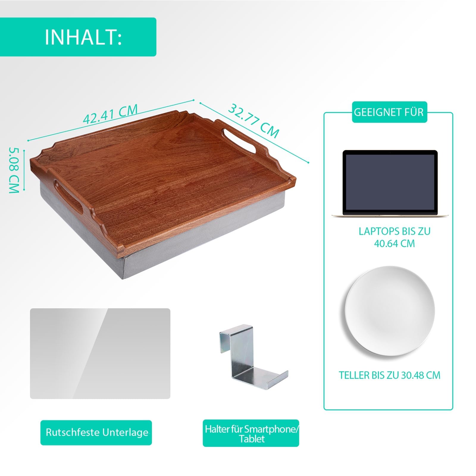 DRELIFAM Knietablett mit Kissen, Betttablett aus Holz zum Essen, Knietablett für Liegestuhl, Frühstückstablett, TV-Dinner-Betttablett für Essen (Sapele-Holz)
