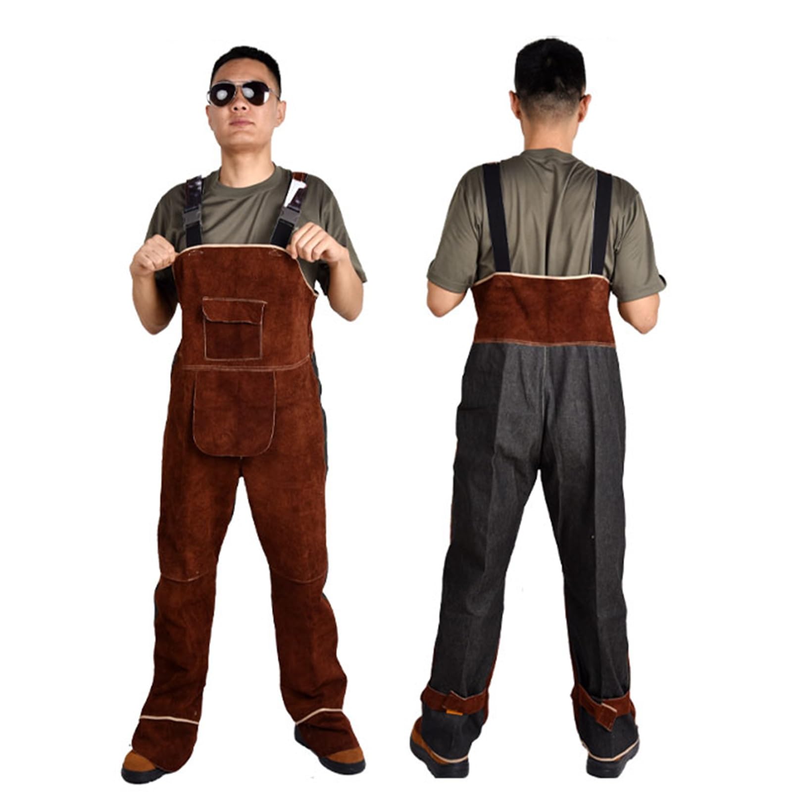 Mono De Soldador De Cuero Pantalón De Soldador De Cuero De Vaca Antiquemaduras Mono Resistente A Las Llamas para Hombres Y Mujeres(Brown,XXL)