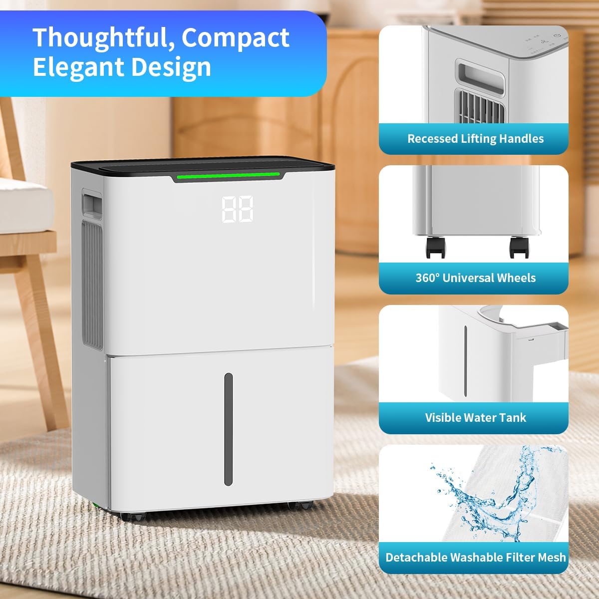 Dehumidifier for Home Basement, 34 Pints Dehumidifiers with Drain Hose for 1500 Sq. Ft Bedroom Bathroom Small Room RV, 3 Working Modes, Smart Humidity Control, 24H Timer, Auto Defrost 7
