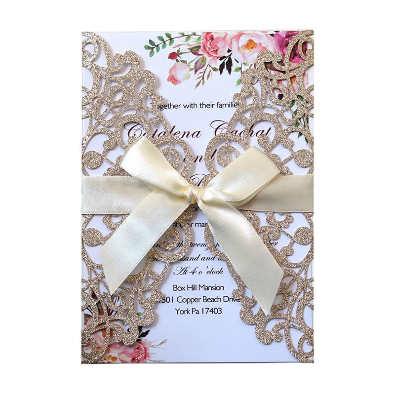 Glückwunschkarte Glitter Hochzeitseinladungskarte mit Bandumschlag Grußkarten Hochzeit Dekoration Partei liefert (50 stücke)(White Envelope)