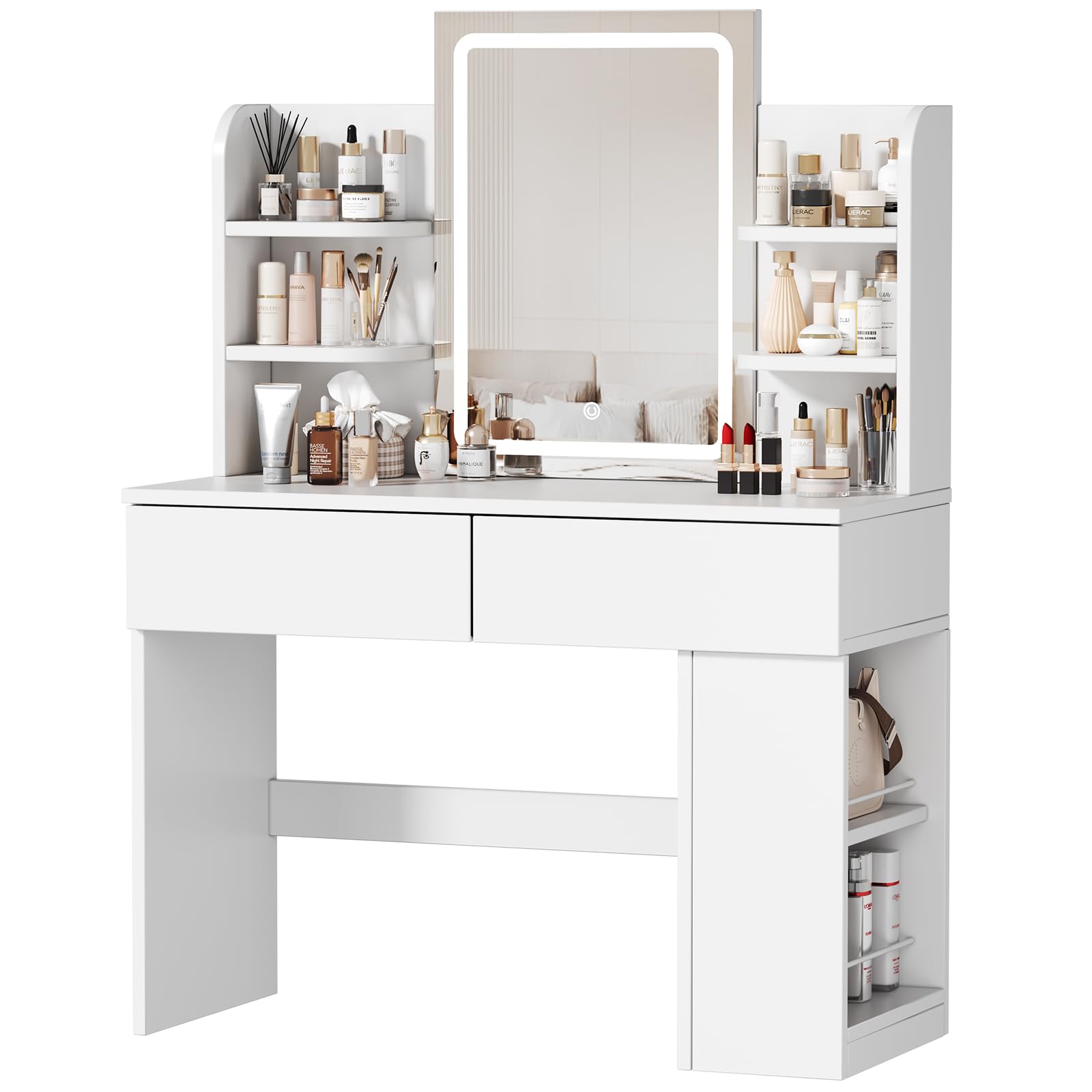 JUMMICO Dressing Table with LED Mirror,Vanity Desk with 2 Large Drawers,Adjustable Brightness,Makeup Table with Open Shelves and Sideboard,Bedroom Furniture (White, 90cm)