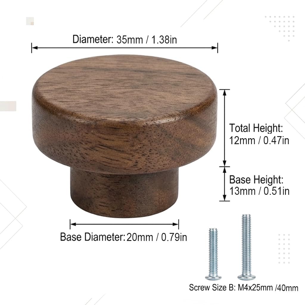 Mid Century Modern Walnut Mushroom Knobs for Cabinet,Drawer,Dresser and Closet Doors.Round Vintage Brown Wooden Crafts Furniture Knobs,Pulls and Handles (1.38‘’ Round Knobs, 10)
