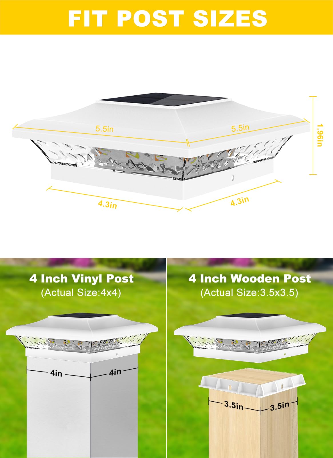 T-SUN 4x4 Post Cap Lights 6 Pack for Vinyl/Wooden Fence,Outdoor Waterproof Warm/Cool White, Deck Solar Post Lights for Patio Garden Yard Lighting
