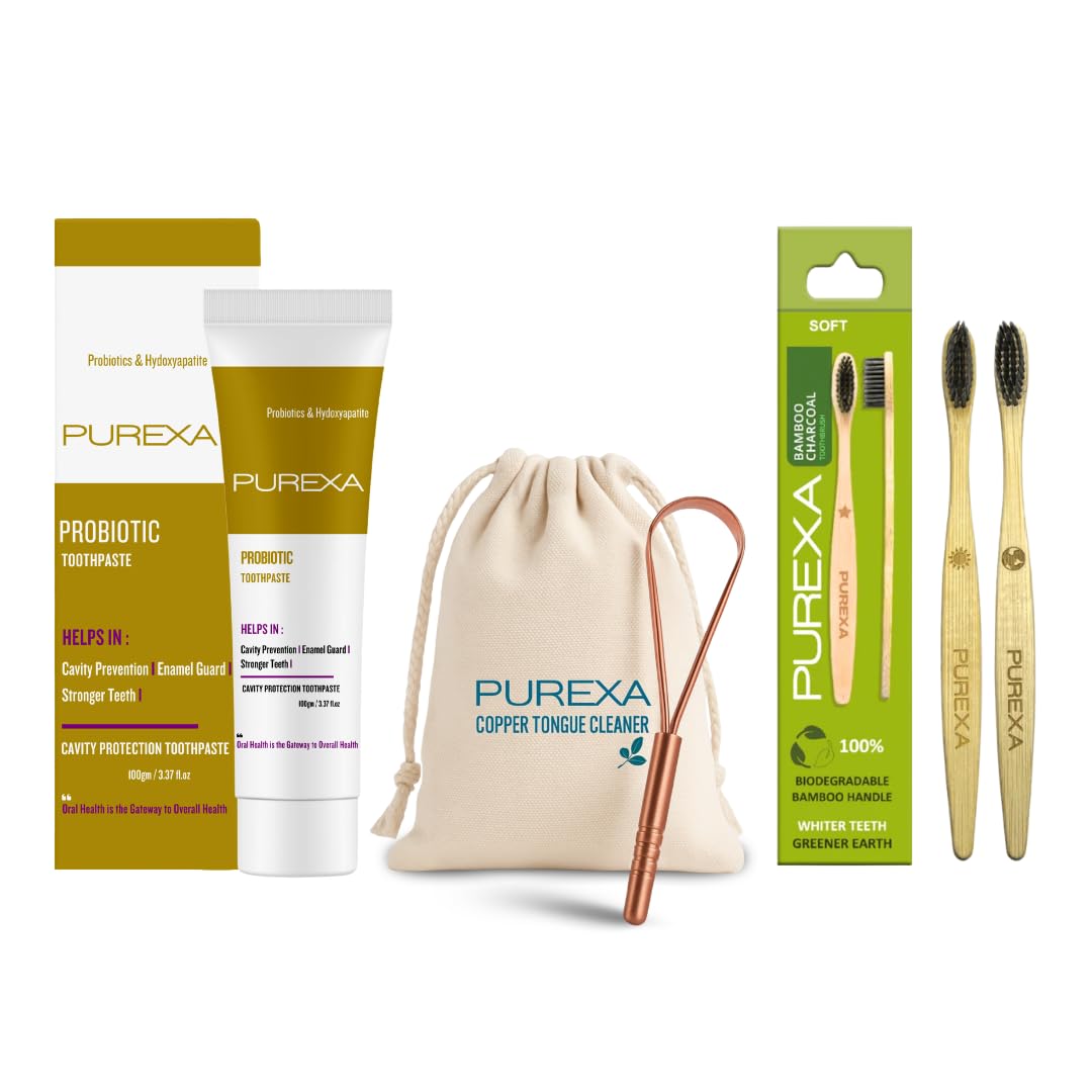 purexa bamboo toothbrush(pack of 2) & probiotics toothpaste & copper tongue cleaner combo| charcoal toothbrush soft bristles | organic bamboo brush | wooden brush for teeth | probiotic toothpaste | cavity protection toothpaste | oral care & toothpaste | teeth whitening toothpaste | whitening toothpaste for adults | premium copper tongue cleaner with ergonomic handle | reduces bad breath & supports digestive health teeth cleaner | 100% natural copper tongue scraper for improved oral health, fresher breath, and gentle tongue cleaners