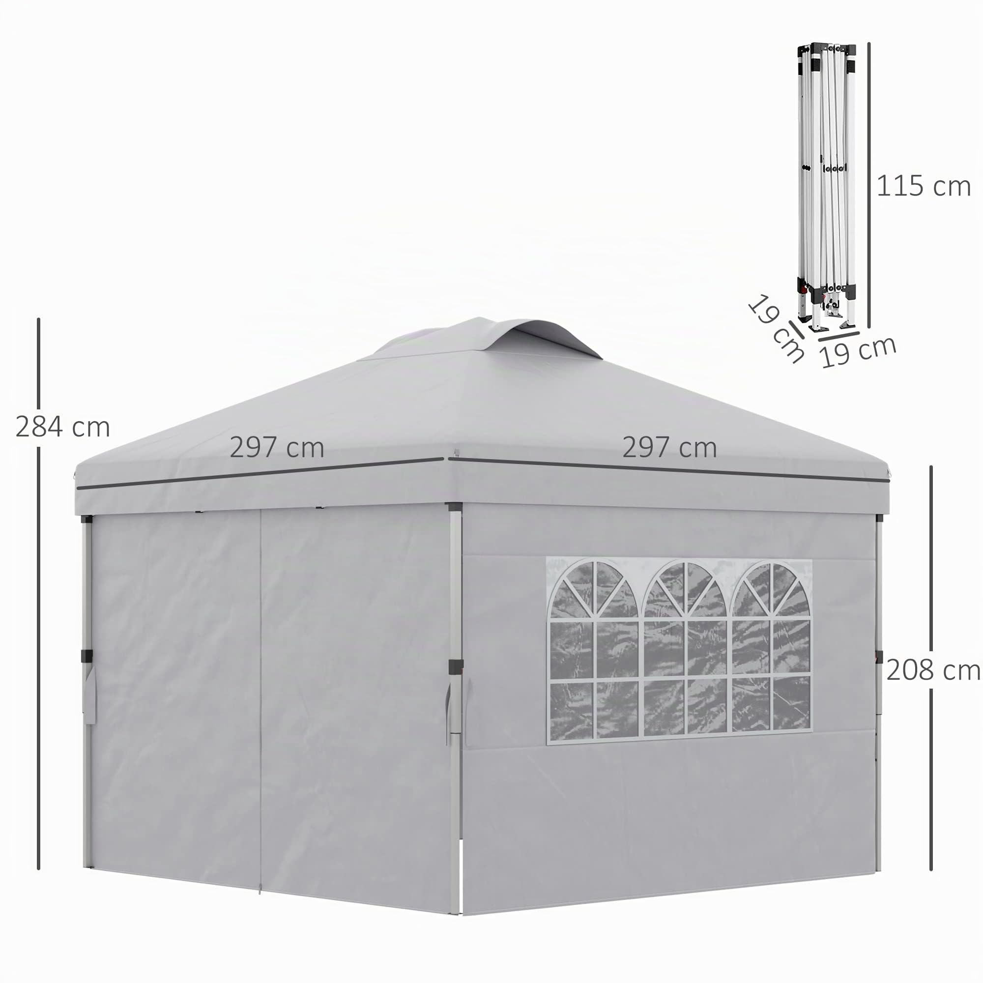 Outsunny Gazebo Pieghevole 3x3 m Pop Up Altezza Regolabile Grigio Chiaro | Porta, 2 Finestre, Borsa da Trasporto, Gazebo da Esterno, Acciaio Oxford, UV30+, Giardino, Feste, Campeggio