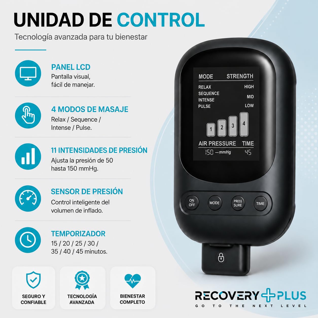 RECOVERY PLUS - botas de compresión de aire para piernas, presoterapia para casa, masajeador para drenaje linfático y circulación, recuperación muscular, nivel profesional (Talla L)