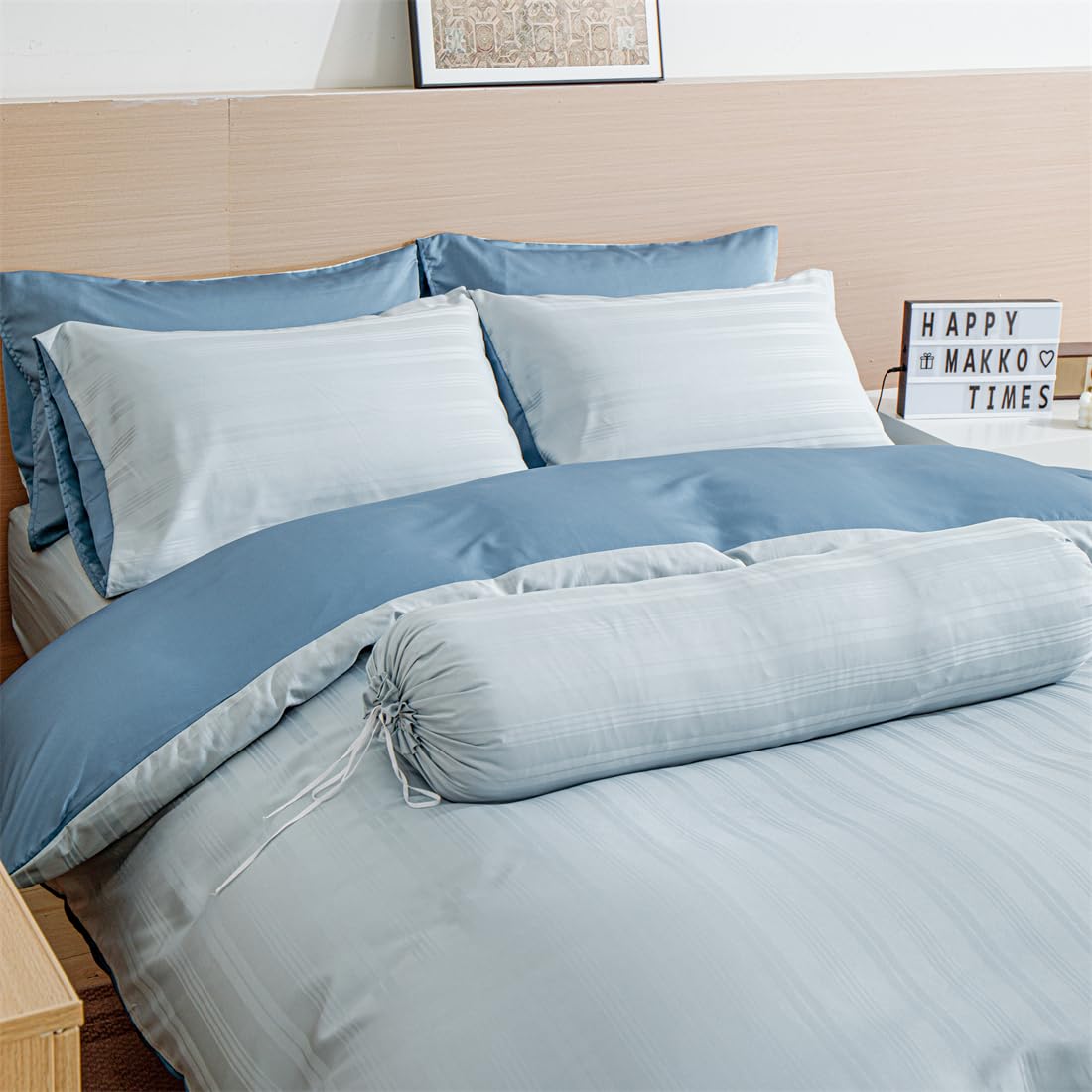 Funda de edredón de satén 200x200 Azul Rayado Brillante Deluxe Juego de cama de satén suave sedoso de seda Ropa de cama para 2 personas Adulto con cierre de cremallera con fundas de almohada