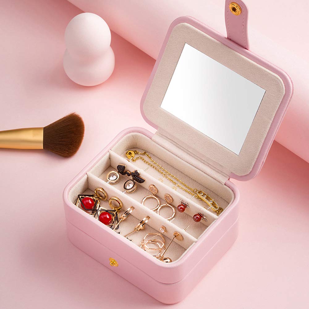 Dectenth Travel Jewelry Organizer Box for Women and Girls, Small Travel Jewelry Case with Mirror, PU Leather Portable Jewelry Storage Box for Ring, Earring, Necklace, Bracelet with Lock(Pink)