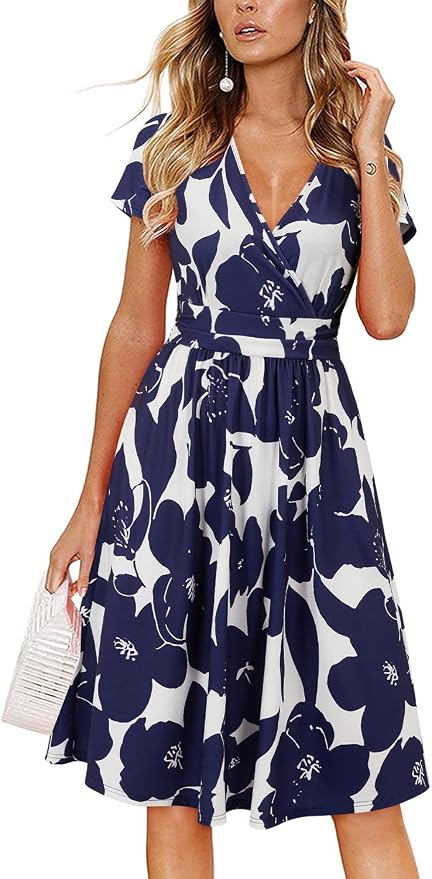 OUGES Casual Summer Dress for Women Wrap V Neck A Line Midi Dresses with Pockets