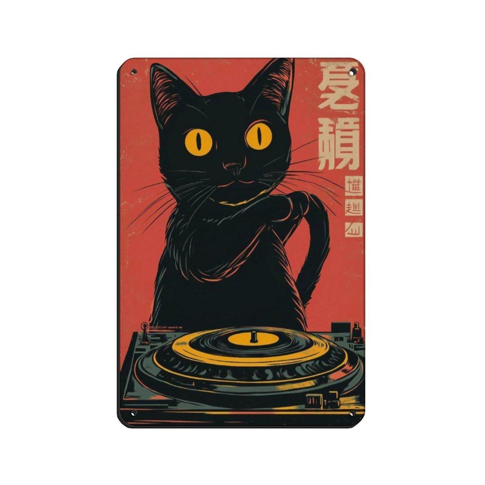 Lxwnze 20L X 30W Cm Retro Cat Dj-Art Poster, Tin Sign Vintage Metal Pub Club Cafe Bar Home Wall Art Decoration Poster Retro 8X12inch(20X30cm)