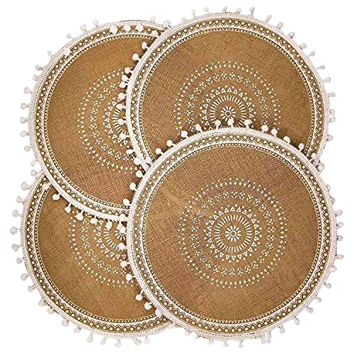Sujurio Juego de 4 Manteles Individuales Redondos, Tapetes de Yute Tejidos Boho con de PompóN para DecoracióN de Mesa de Cocina de Comedor (Bola)