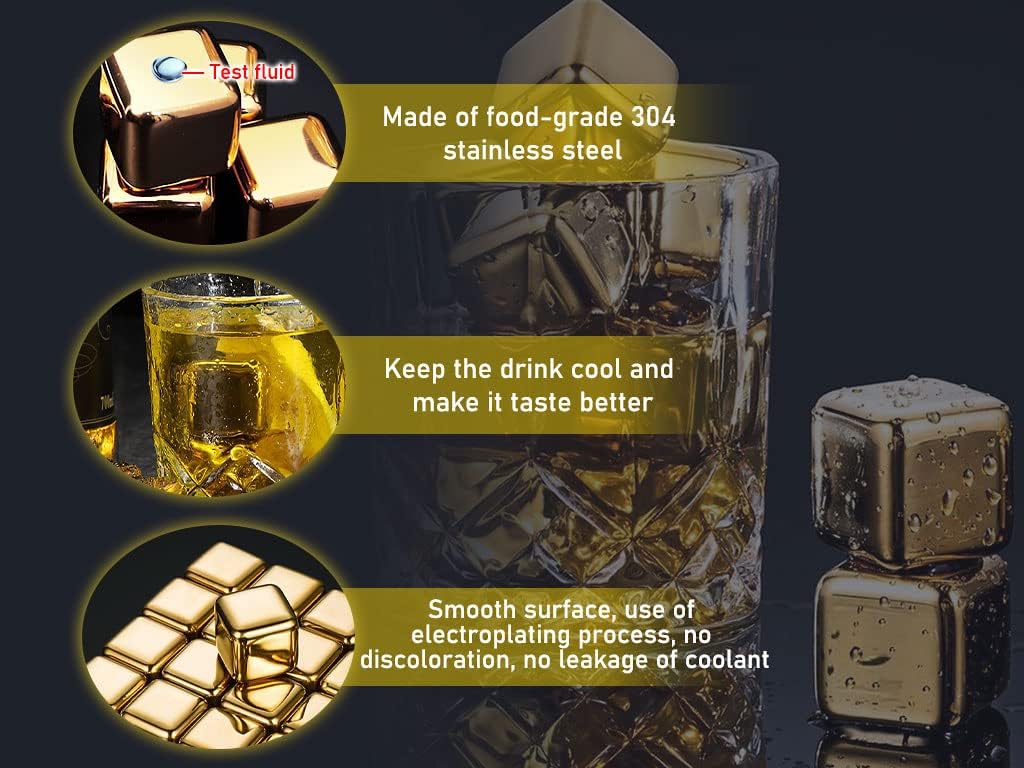 16 PCS Stainless Steel Whiskey Golden Ice Cubes,Gold Stainless Steel Whiskey Stones,Gold Stainless Steel Ice Cubes,for Whiskey,Wine Chiller,Beer,Vodka,Liqueurs,Drinks Cooler Set(Gold)