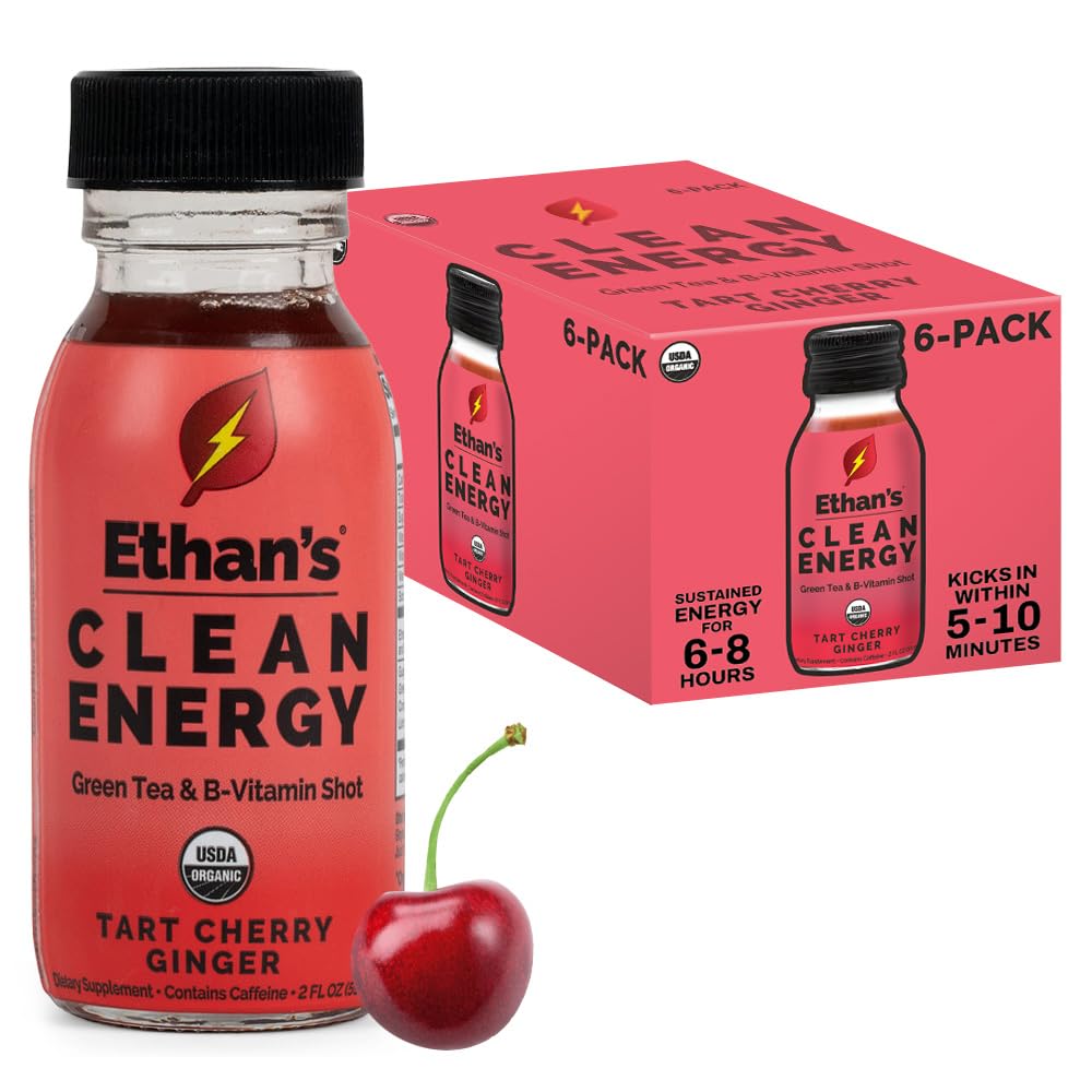Ethan's Organic Clean Energy Shots Tart Cherry Ginger, 6 Pack of 2oz | 150mg Caffeine | Green Tea, Guayusa, Lion's Mane &amp; Cordyceps | Sugar-Free, Vegan, Gluten-Free, USDA Organic