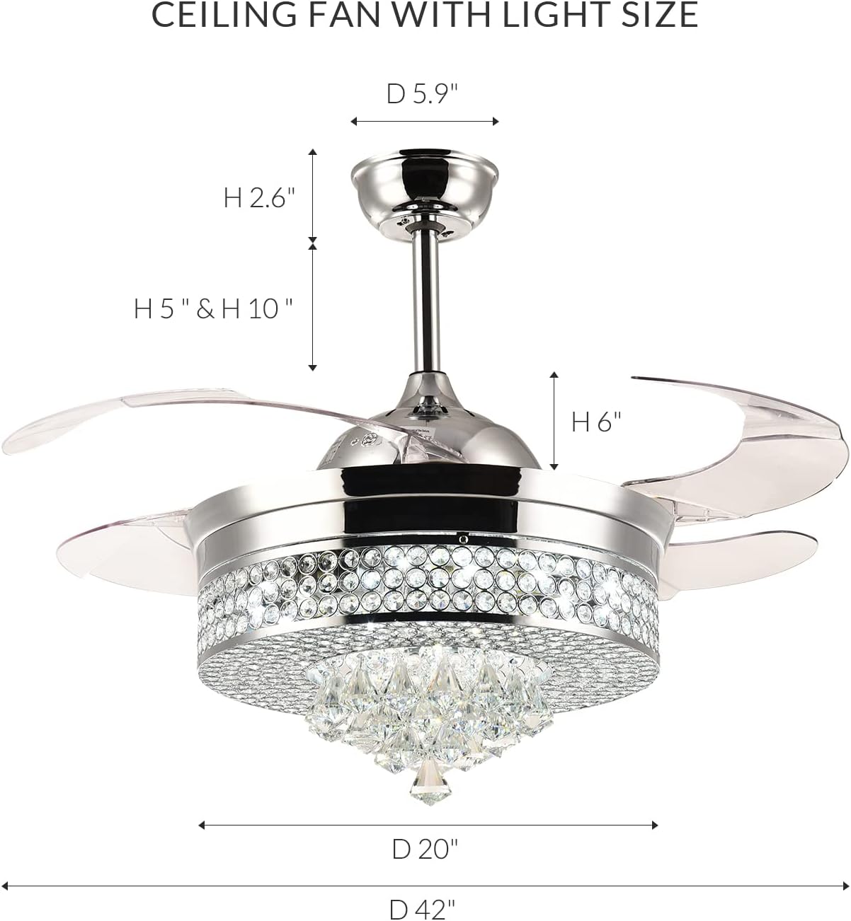 Diagram showing the dimensions of the 42-inch crystal chandelier fan, including diameter and height with different downrod options.