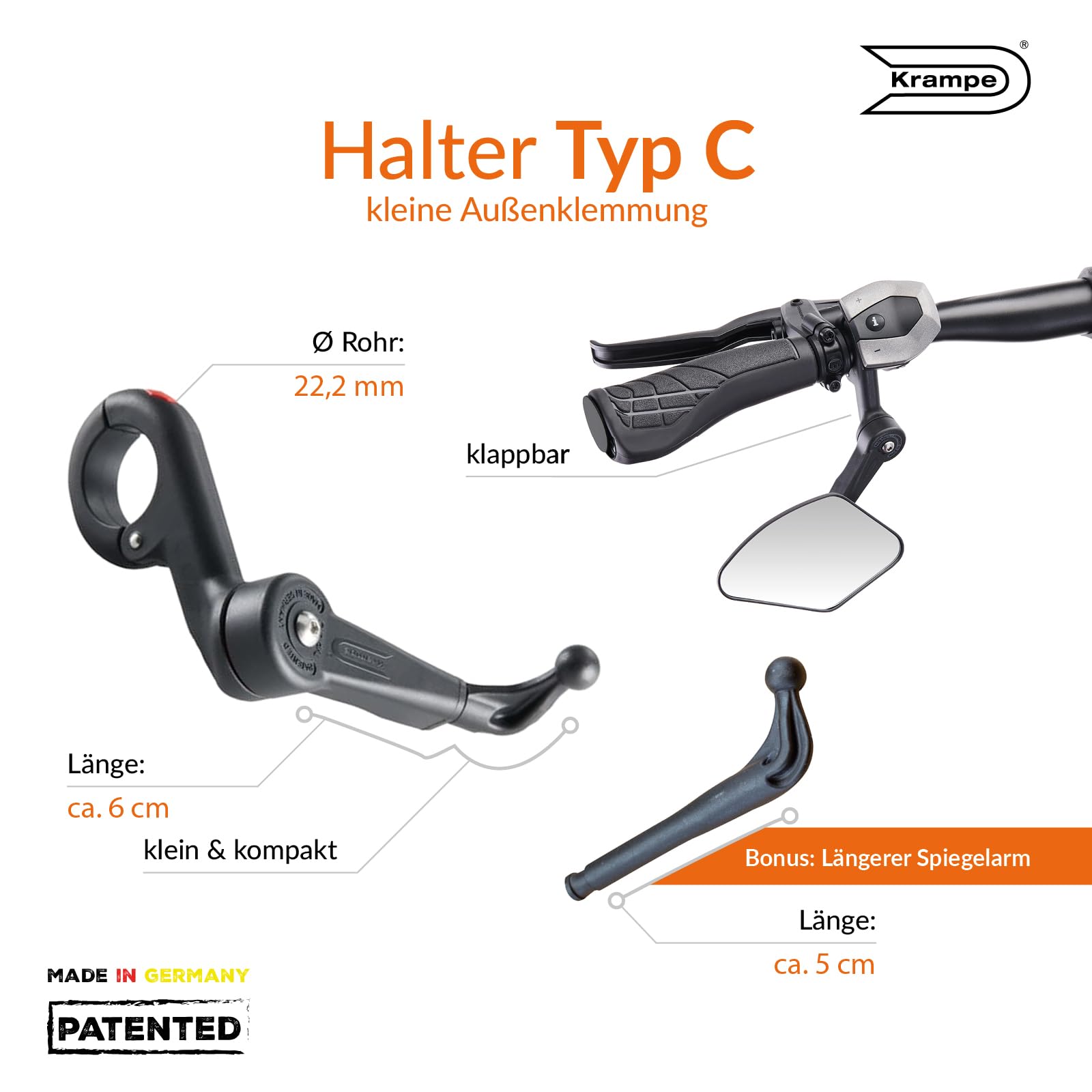 Krampe Fahrradspiegel "KF Cross Typ C"- Made in Germany, stabiler Rückspiegel für E-Bike & Fahrrad, individuell einstellbar, für linke und rechte Lenkerseite erhältlich (Linke Unterseite)