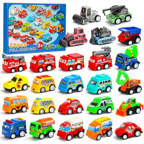 MUXIWOM 25 Stück Auto Spielzeug Baustellenfahrzeuge Stadtautos Lastwagen Spielzeugauto Set Cars Spielzeug Mini Autos Zurückziehen Fahrzeuge Stile Variieren, Geschenk für Kinder ab 3 4 5 6 7 8 Jahre