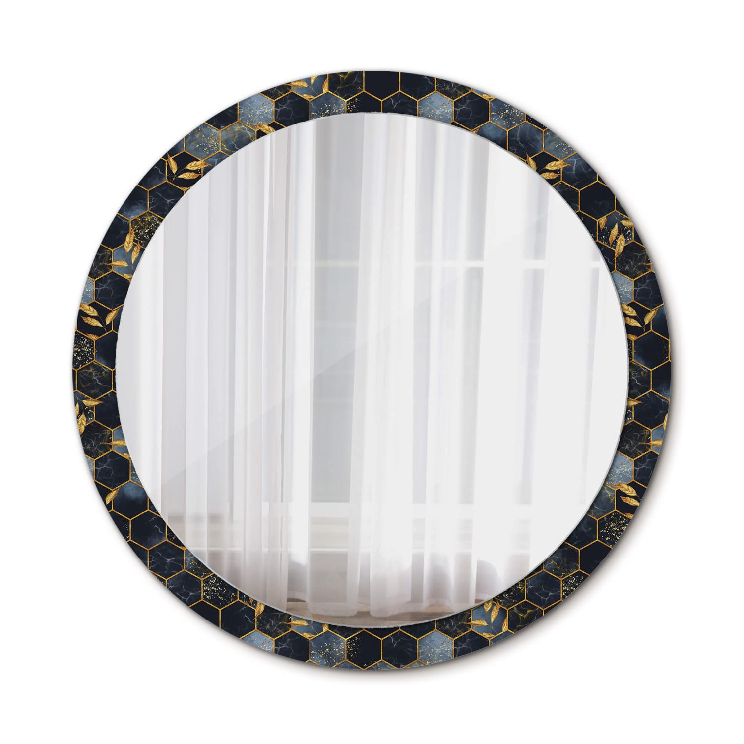 Miroir mural rond Ø100 cm avec cadre hexagone en marbre pour salle de bains et maquillage