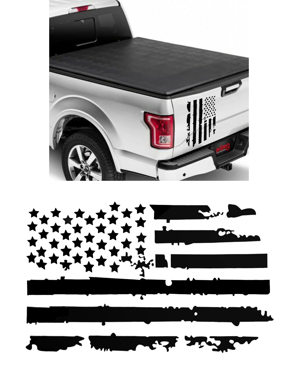 Distressed American Flag Back Middle Window Decal, US Flag Decal Stripe Graphic Vinyl Waterproof for Trucks…, Matte Black, Universal