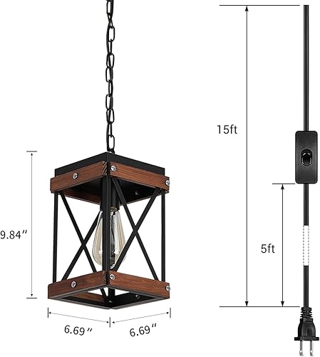 Miniatura 4 de Fivess Lighting Lámpara colgante rústica de granja con cable de 15 pies, interruptor de encendidoapagado, jaula de madera y metal, cadenas