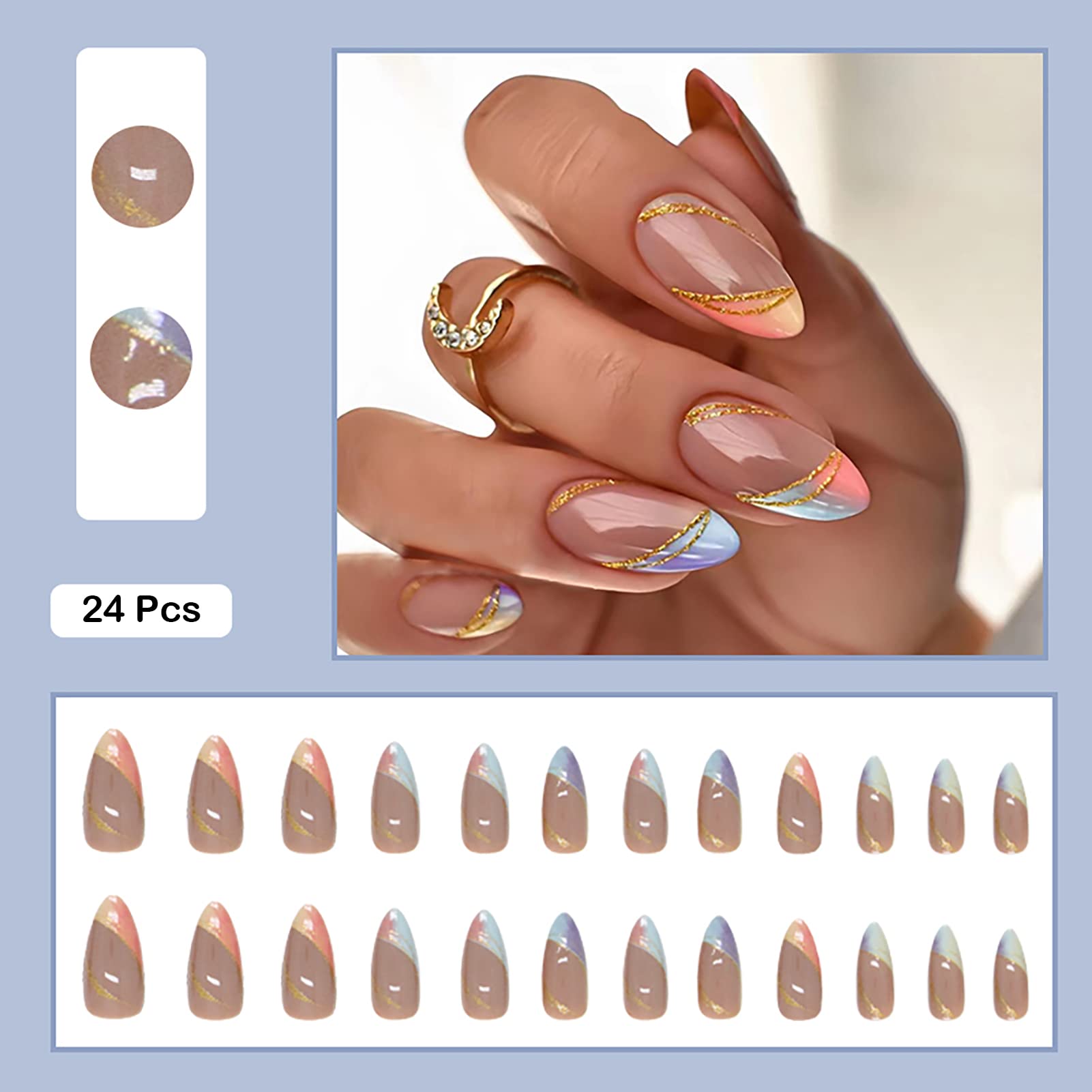 Condition photo showing New/Like New for almond press on nails medium long colorful phnom penh french tip fake nails, acrylic full cover false nails set with nail gle glue, natural perfectly reusable stick on nails suitable for women girls