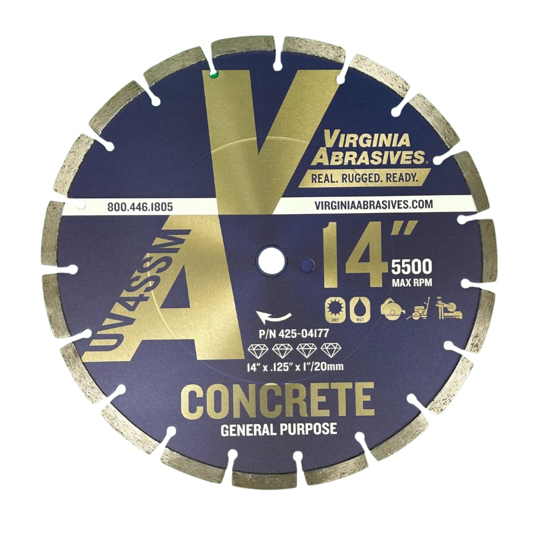 Virginia Abrasives 14" x .125" x 1"/20mm Ultra Value Concrete Diamond Blade – Wet/Dry Masonry Tool – High-Speed Cutting Disc, 1pc