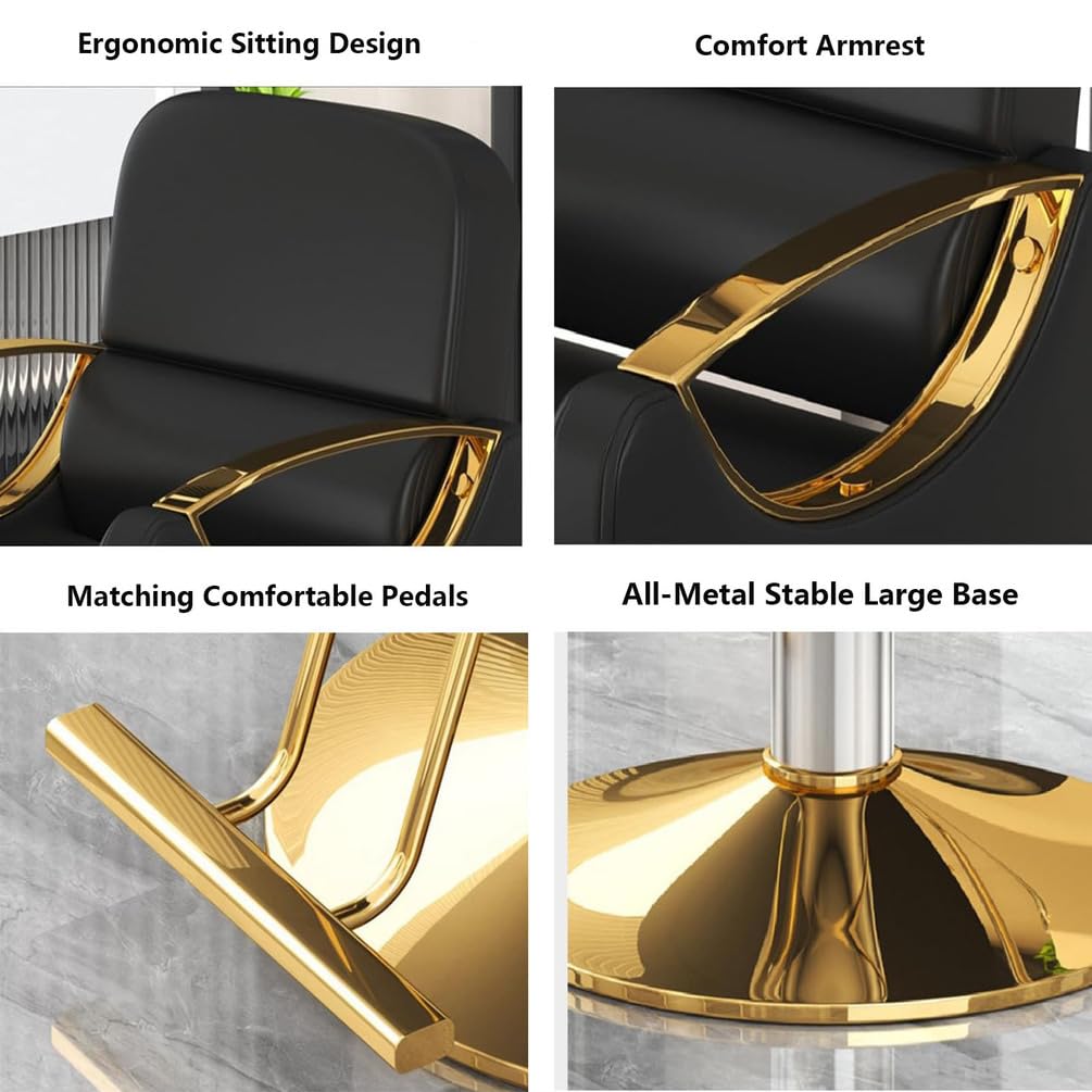 ZTGL Sillón Profesional de Peluquería, Giratorio 360° con Reposapiés, Bomba Hidráulica, PU Cuero y Base Metálica Resistente para Salones de Belleza, SPA Y Estudios de Tatuajes,Beige,Gold Base