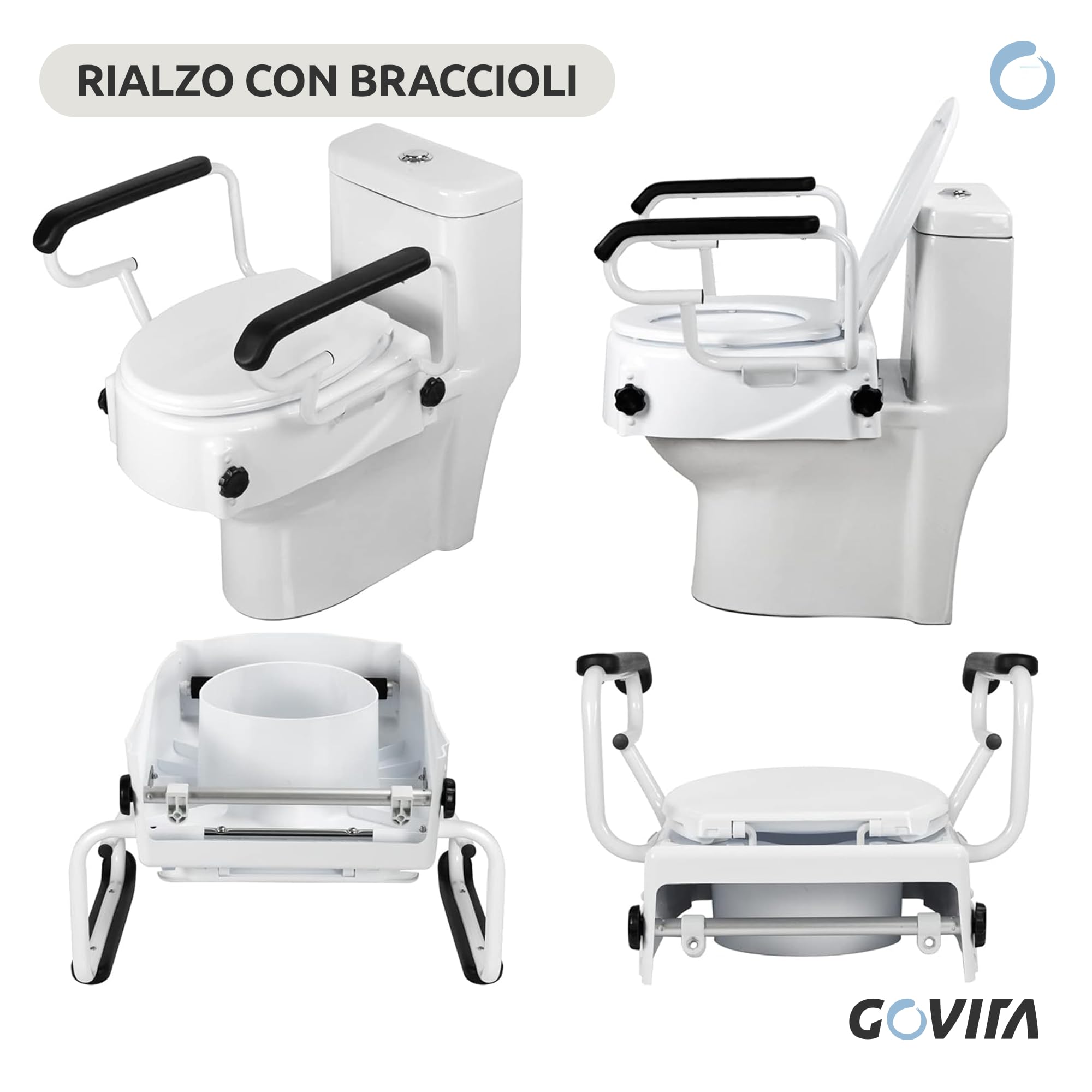 GOVITA - Rialzo WC con braccioli e Coperchio, Universale, per Anziani e Disabili, Sollevatore WC per Bagno, Sedile Ergonomico, Facile da Pulire (ALTEZZA REGOLABILE)