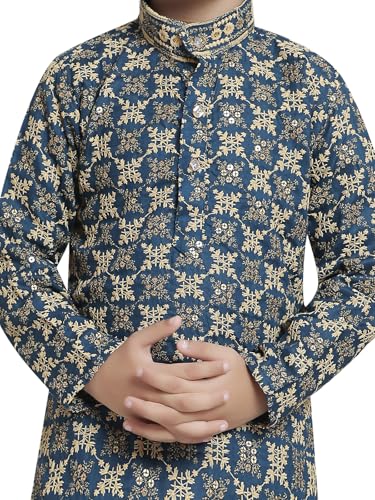 Image of TinySteps Boys' Ethnic Wear - Cotton Lakhnavi Chikan Kurta with Golden Sequence Work and Elastic Waist White Cotton Pajama - Festive & Wedding Outfit