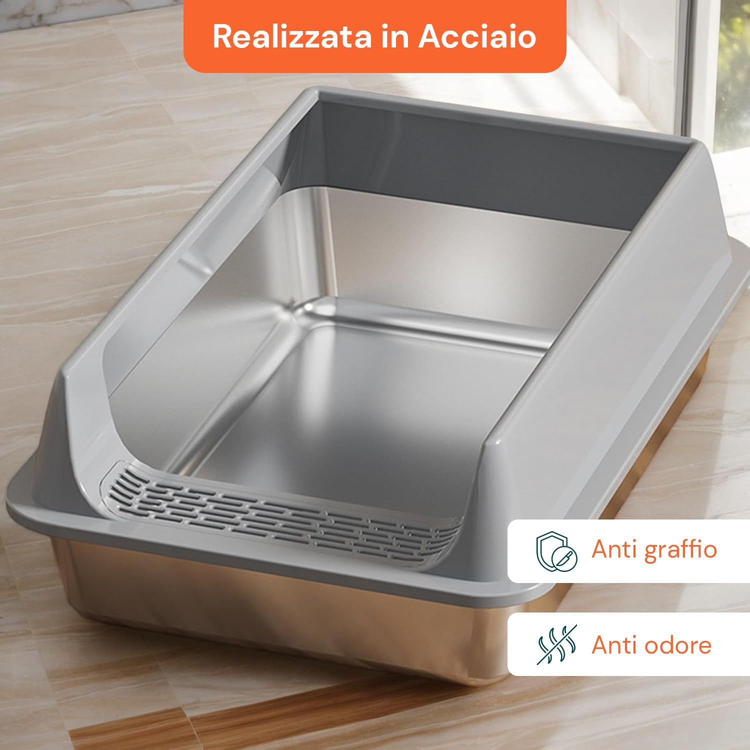Wintem - Toilette per Gatto in Acciaio Inox con Coperchio Anti-Schizzo e Paletta Inclusa, Lettiera dal Design Igienico Facile da Pulire e Anti-Odore per Uso Quotidiano