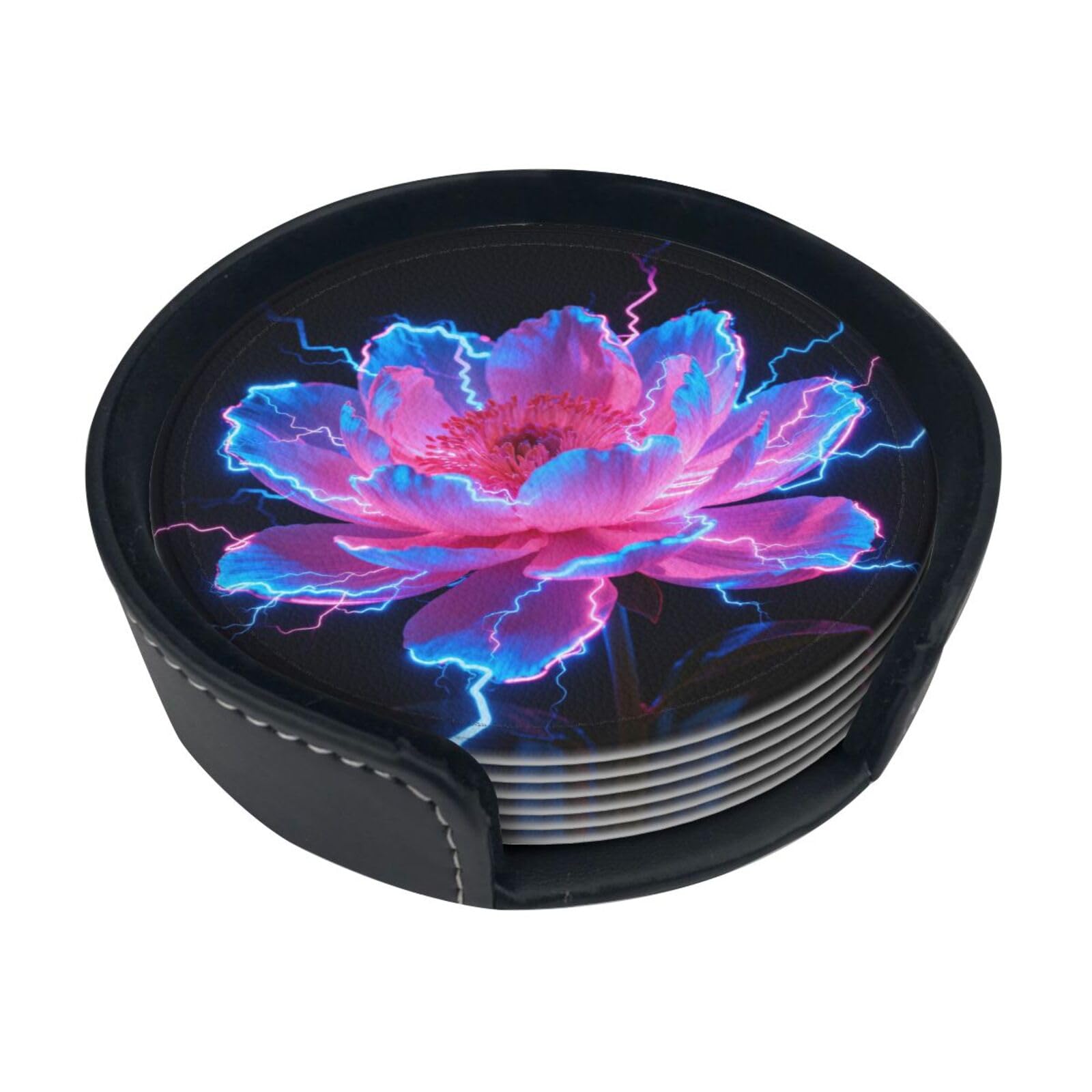 Flowers at night Leather Coasters-Set of 6 with Storage Holder