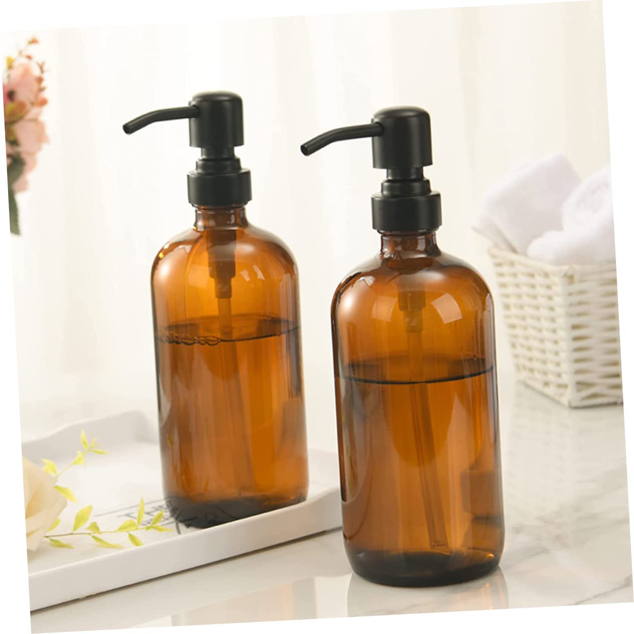 Dispensador de Jabón de Vidrio 500ml 2 Piezas con Bomba de Acero Inoxidable | Marrón, Rellenable y Portátil, Compacto para Baño y Viaje, Fácil de Presionar, Uso Doméstico