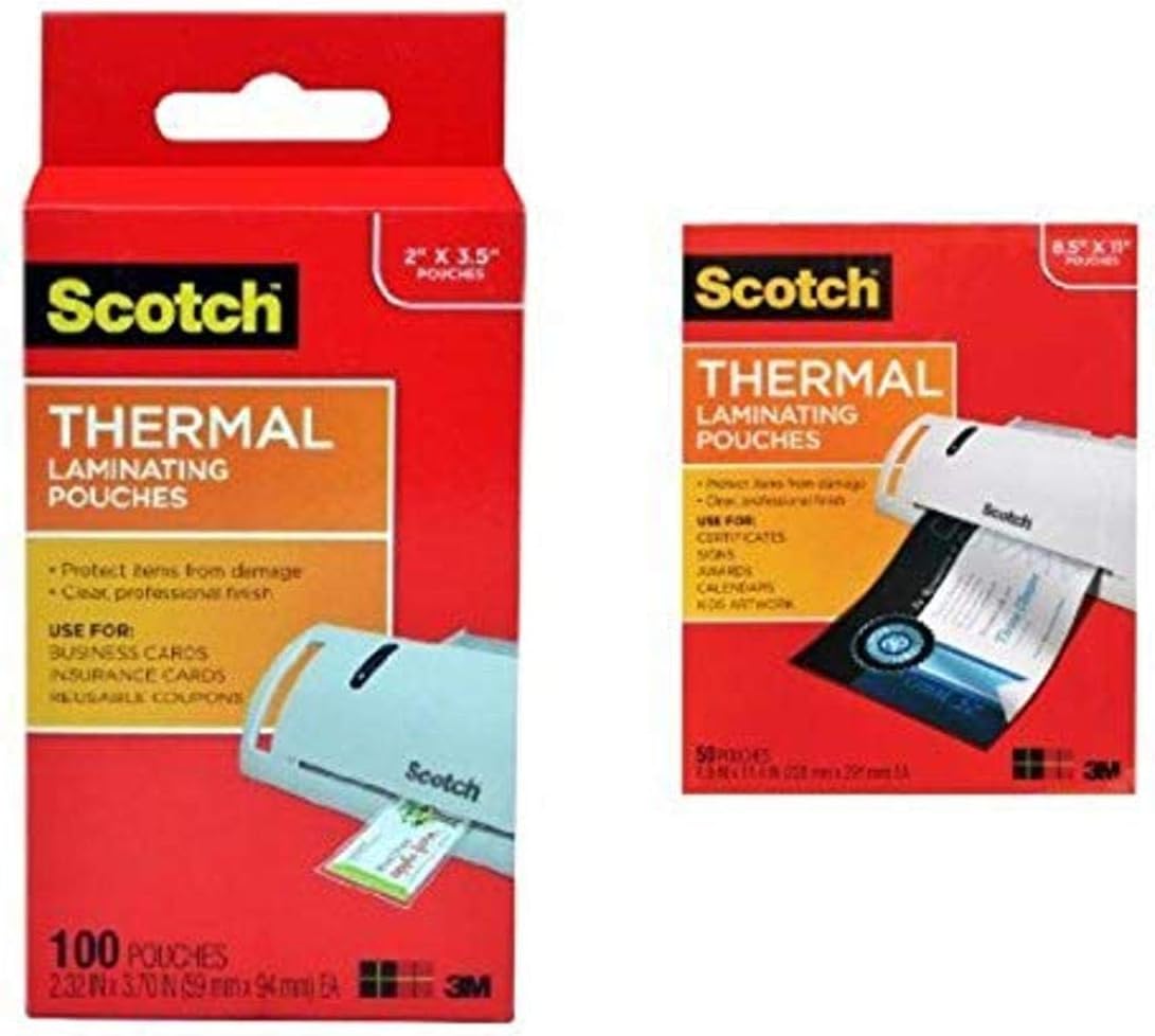 Scotch Thermal Laminating Pouches, 2.32 x 3.70-Inches, Business Card Size, 100-Pack (TP5851-100) and Scotch Thermal Laminating Pouches, 8.9 x 11.4-Inches, 3 mil thick, 50-Pack (TP3854-50) Bundle