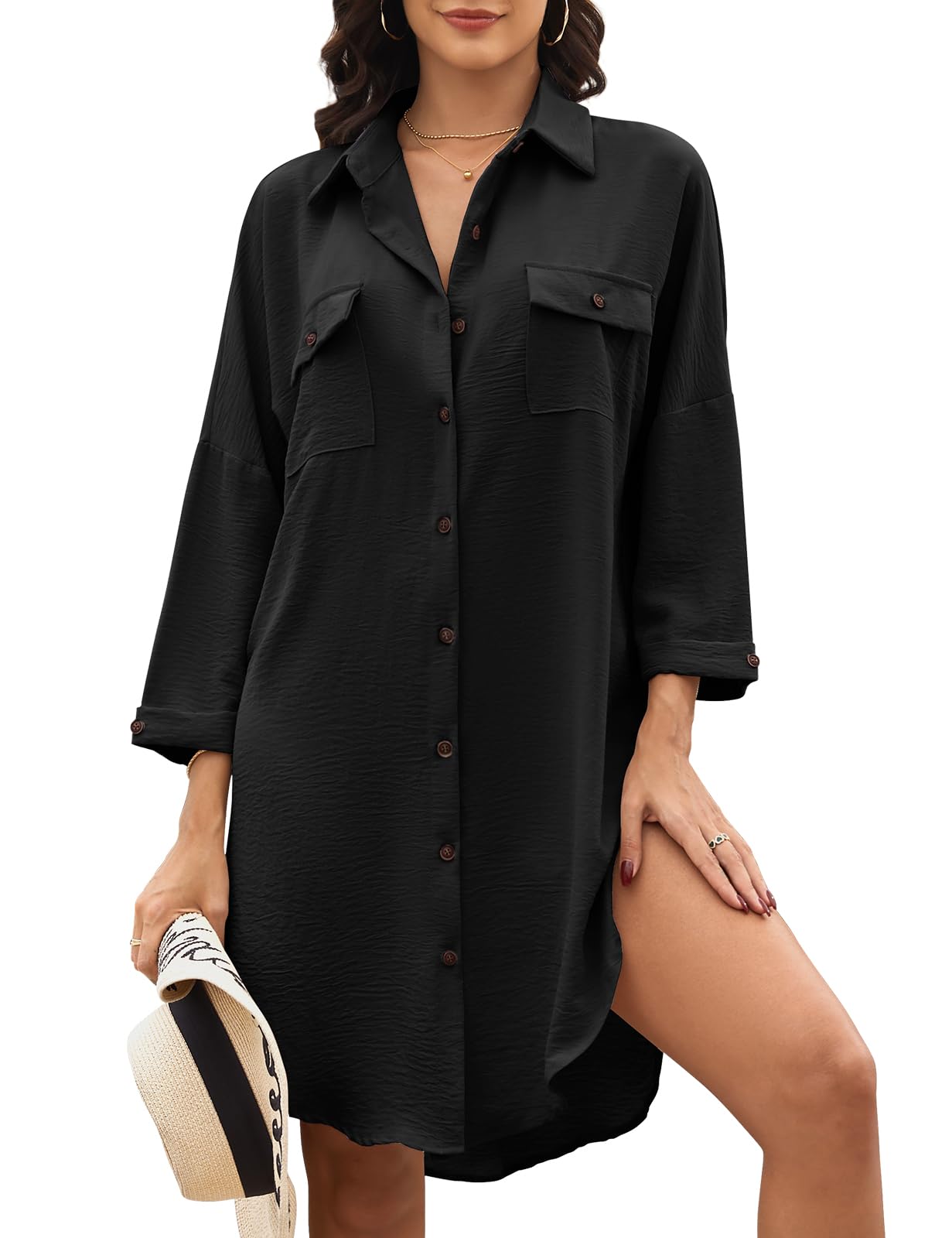 Tuopuda Camisa Suelto de Bikini Cover Up Manga 3/4 Enrollada Casual Vestido Botón Abajo Largos Blusa Tops con Bolsillo Camisolas Vestido de Playa Cárdigan Cover Up Verano Sólido Blusa