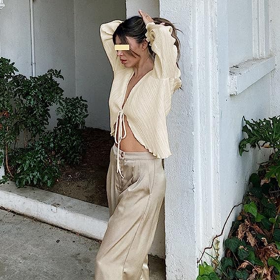 Women Bell Sleeve Top Sexy Tie Front Sheer Blouse Going Out Tops Y2k Streetwear4