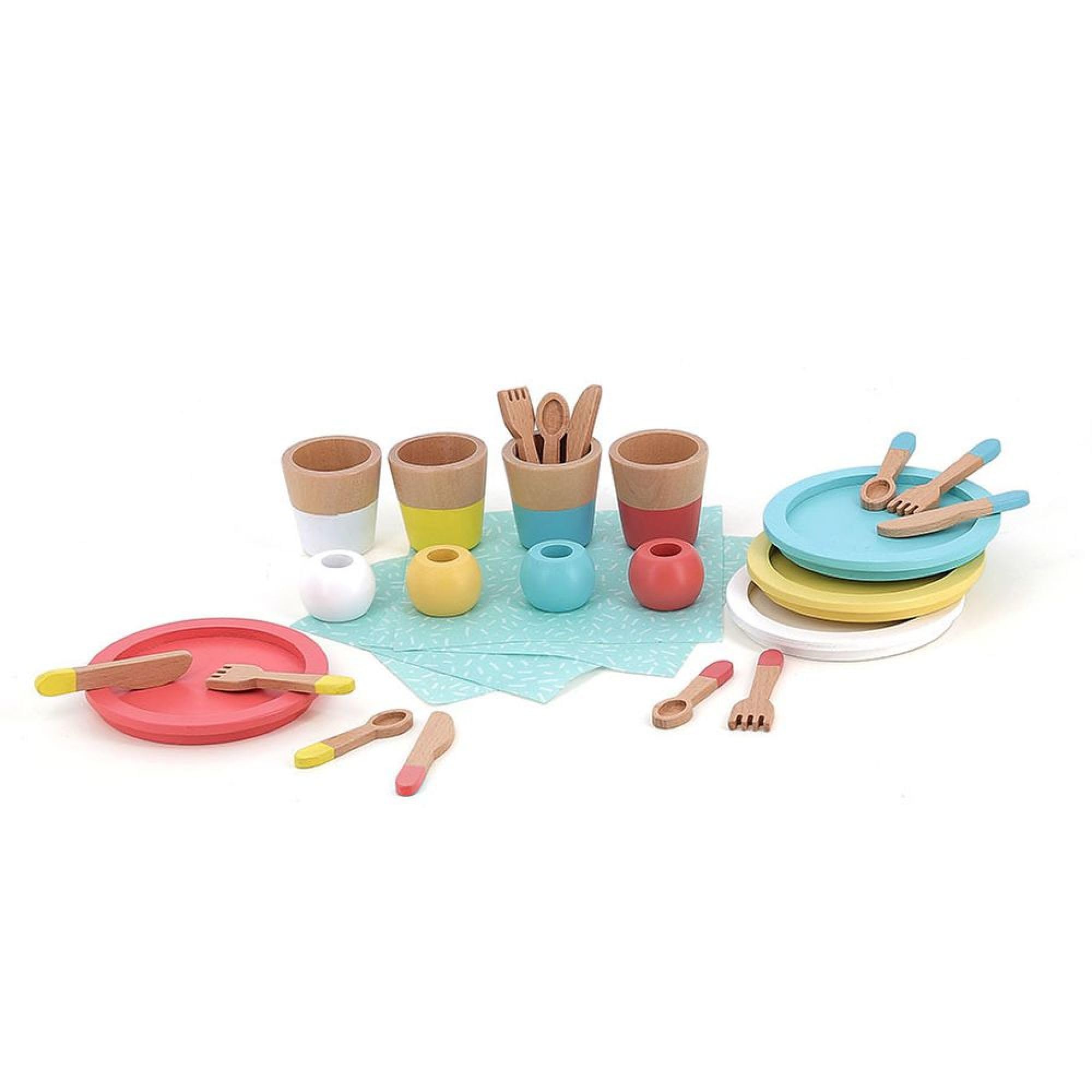 Vilac Dinette Pasto in Legno-Set di 28 Pezzi per Bambini-Stimola l'immaginazione e l'imitazione con Piatti, Occhiali, Posate e Asciugamani-Promuove le capacità motorie sottili, 8178