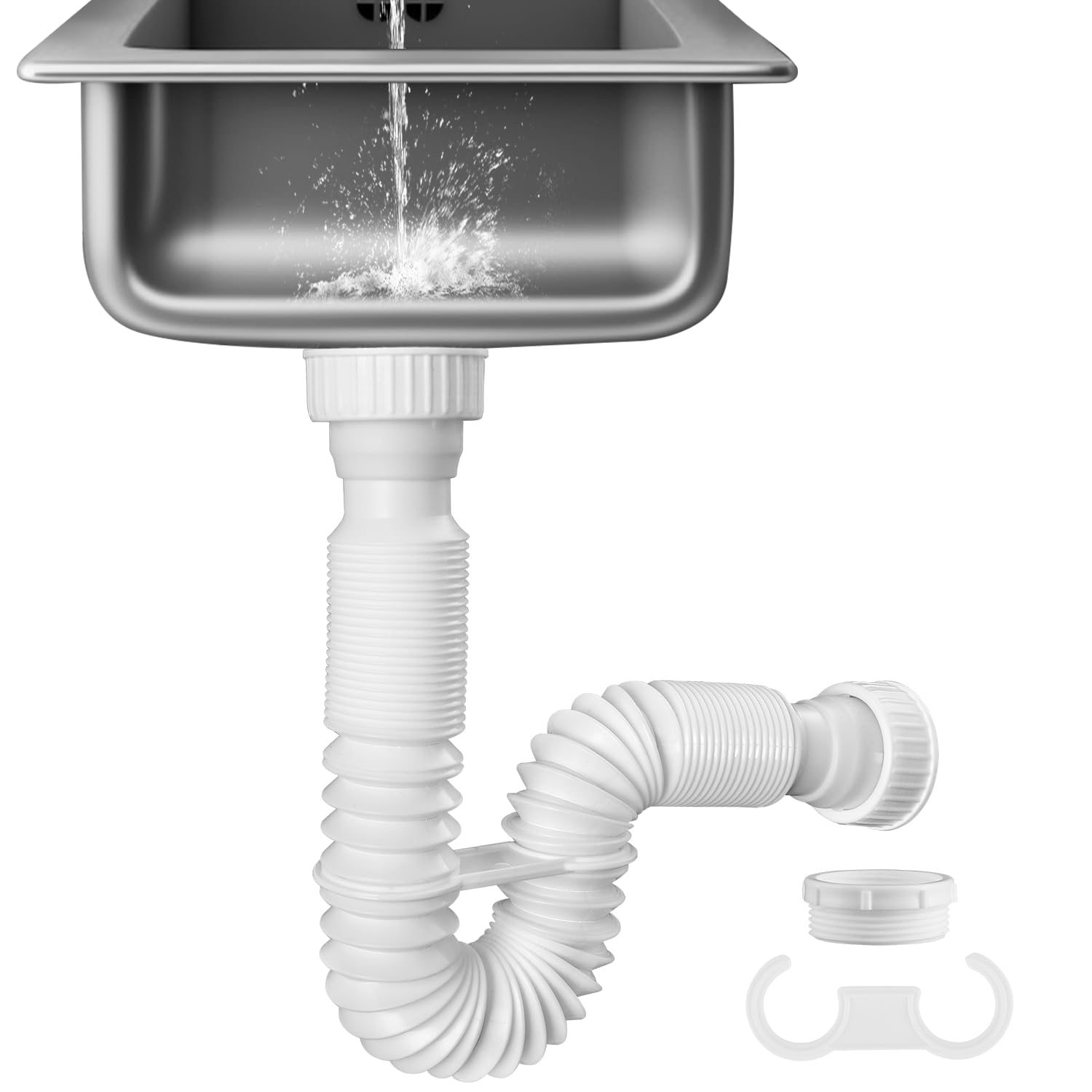 iFealClear 1-1/2" P-Trap Pipe, Flexible Sink Drain Pipe with 4 Rubber Sealing Rings, Expandable Drain Tube 11"-34.5" P Trap Tubing for Kitchen, Bathroom, Garbage Disposal, Extra 1-1/4" Adapter, White