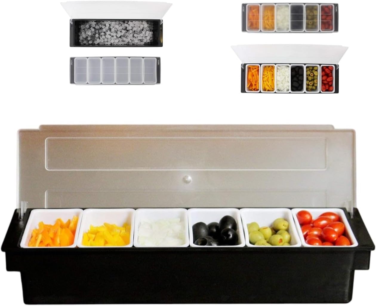 THW Plastic Ice Cooled Condiment Holder Dispenser Tray|6-Compartment Garnish Tray for Candy,Dips & Salad|Chilled Serving Container for Home,Work,Restaurants & Bars|Keeps Food Fresh & Organized,Black