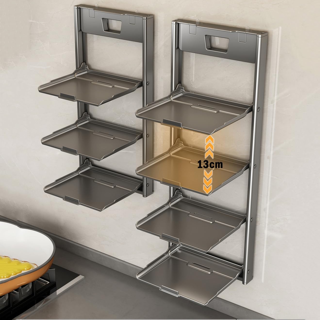 Wall Mounted Foldable Kitchen Prep Rack, No Drilling Space-Saving Food Plate Organizer, Collapsible Multi-Layer Serving Tray Holder for Countertop Wall-Mounted Station Space Saving(Size:3-Tier,Color: