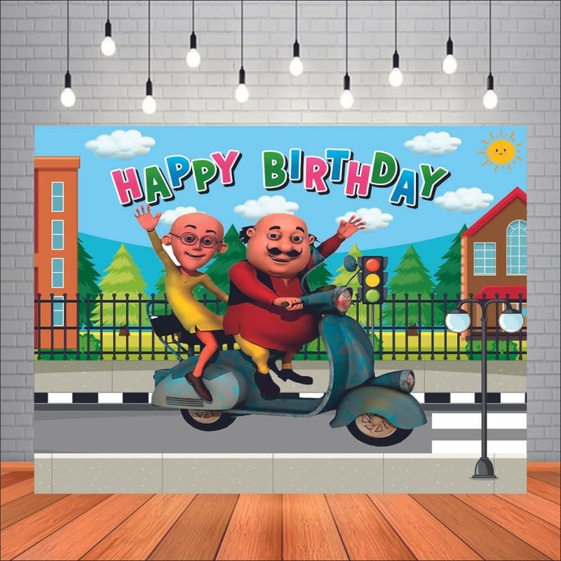 Image of Motu Patlu Birthday Backdrop 5x4 Ft | Backdrops for Decoration | Birthday Decoration Backdrop | Banner for Kids Theme Party