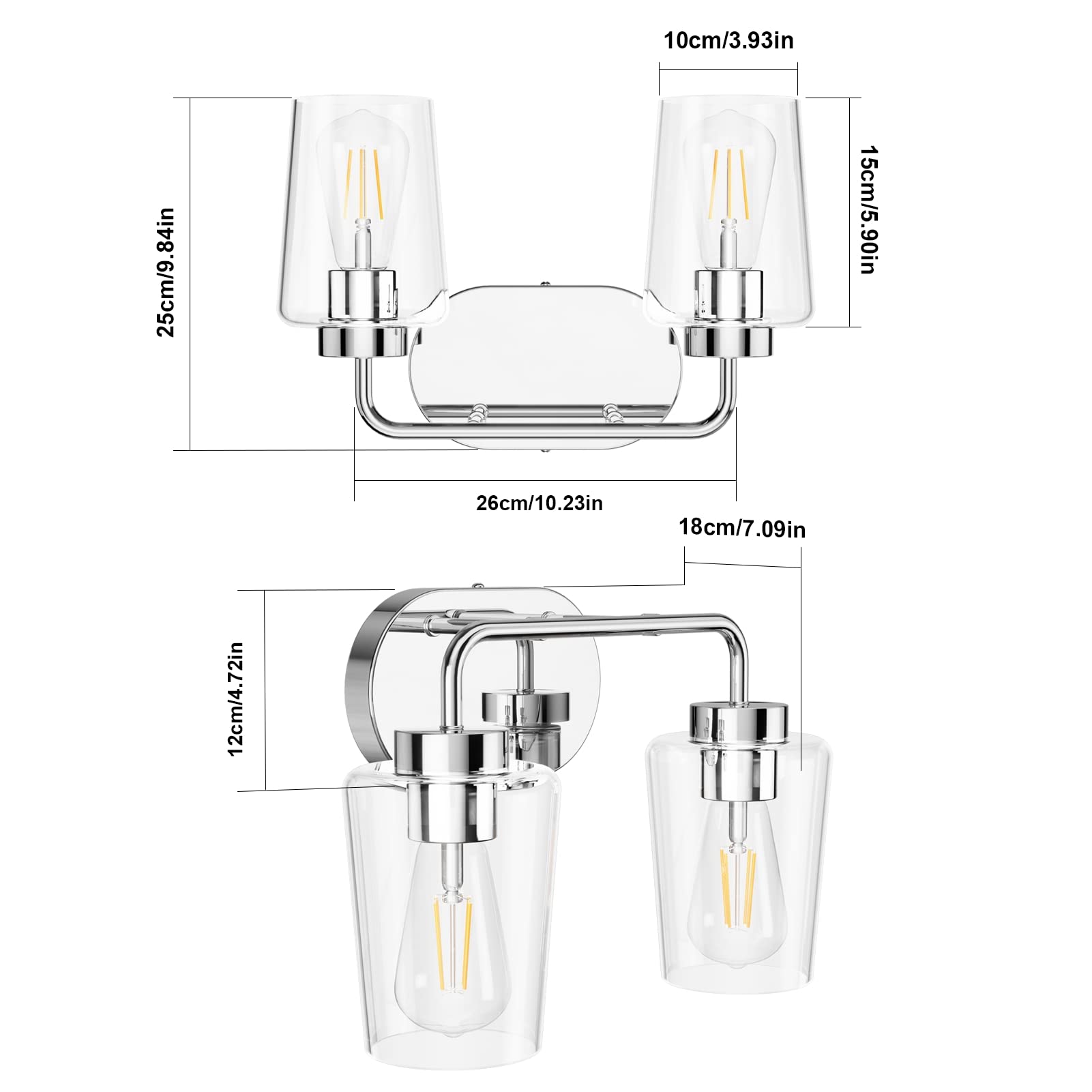 Lámpara de tocador de baño vintage cromada, 2 luces, moderna de acero inoxidable con vidrio transparente, lámpara de baño industrial para montaje en pared (sin bombilla)
