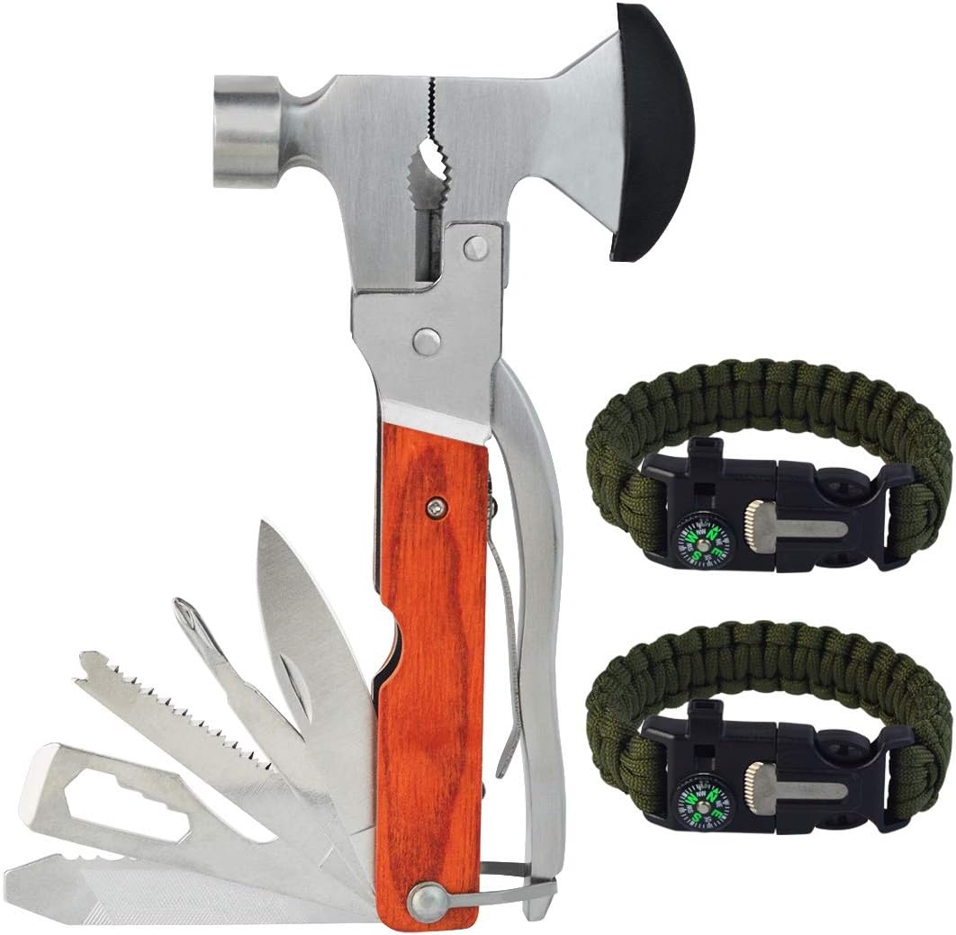 Rbenxia 16-in-1 Portable Hammer Tool Stainless Steel Multi-Functional Hatchet Tool with 2 Packs Adjustable Survival Bracelets for Camping, Hunting, Emergency