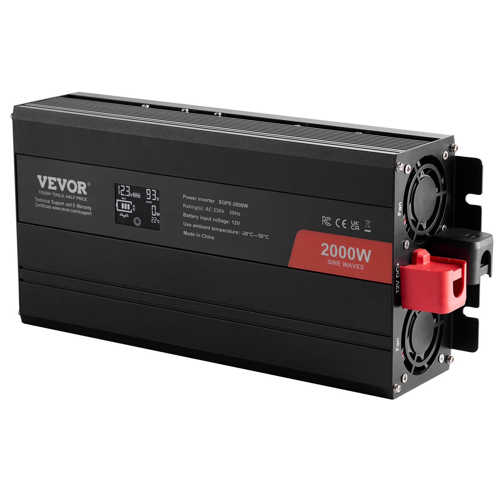 VEVOR Convertitore di Potenza a Onda Sinusoidale Pura, Convertitore di Potenza da 2000 W CC da 12 V a CA 230 V Display LCD e Telecomando per Apparecchiature Domestiche di Medie Dimensioni