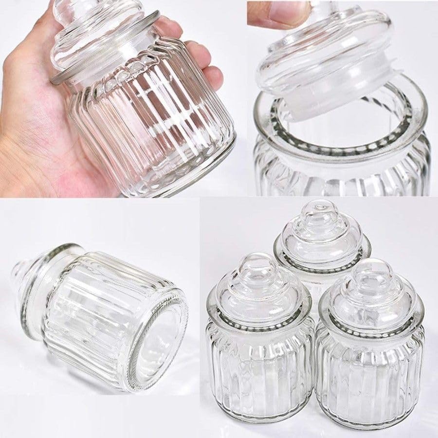Image of Stylish Home Decor Crystal Clear Glass Sugar Candy Mukhwas Jar Bowl Pickle Storage Container Pot with Lid CRYSTAL CANDY JAR. (POP JAR 350ML 3PCS SET)