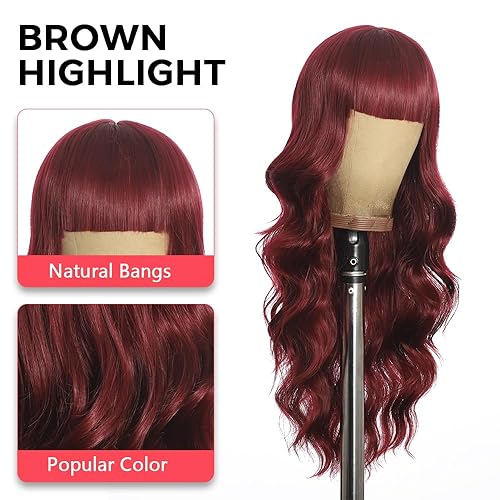 Miniatura 2 de Ucubb Pelucas de color marrón oscuro para mujer pelucas en capas con flequillo de 24 pulgadas de largo rizadas onduladas pelo sintético resistente