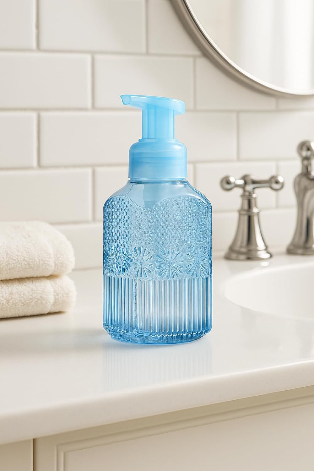 Bath & Body Works Blue Floral Gentle & Clean Foaming Hand Soap Dispenser, Refillable Embossed Glass Holder with Durable Pump for Bathroom or Kitchen